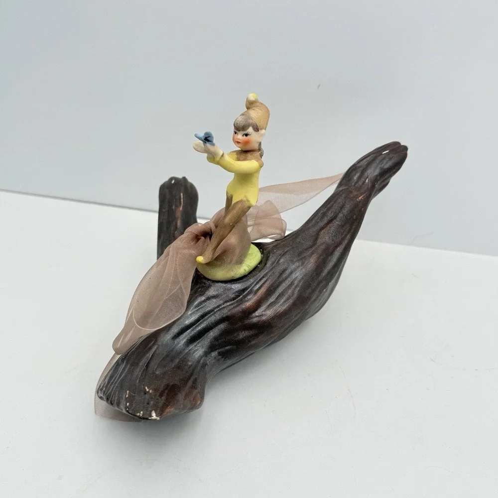Vtg 50s Ceramic Girl Garden Pixie Elf On Log w/ Butterfly Kitschy Mid Century
